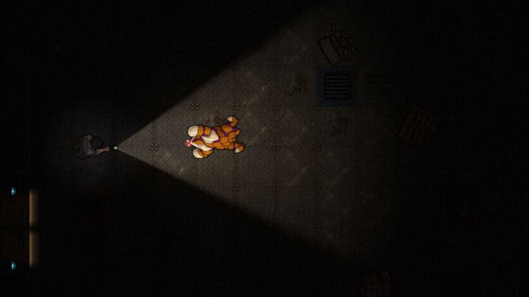 A brute lit up at the edge of the beam on a loading dock